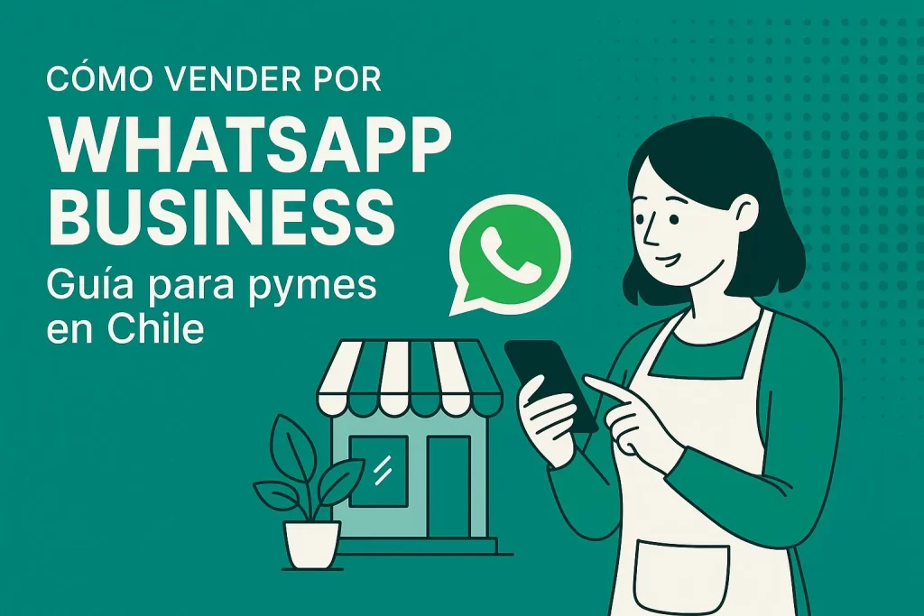 Ilustración de una emprendedora usando WhatsApp Business para vender en su pyme en Chile