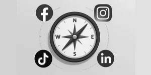 Ilustración de una brújula digital con íconos de Facebook, Instagram, TikTok y LinkedIn, que representa cómo elegir las redes sociales más efectivas para empresas.