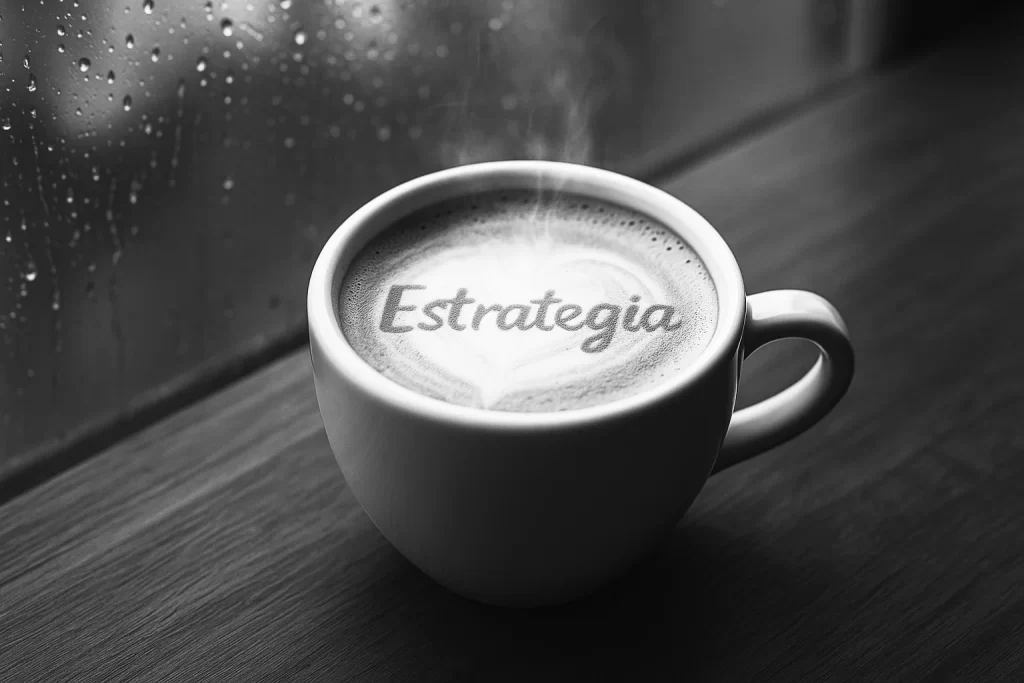 Taza de café con la palabra estrategia sobre mesa junto a ventana con lluvia en Puerto Montt, simbolizando creatividad y marketing local.