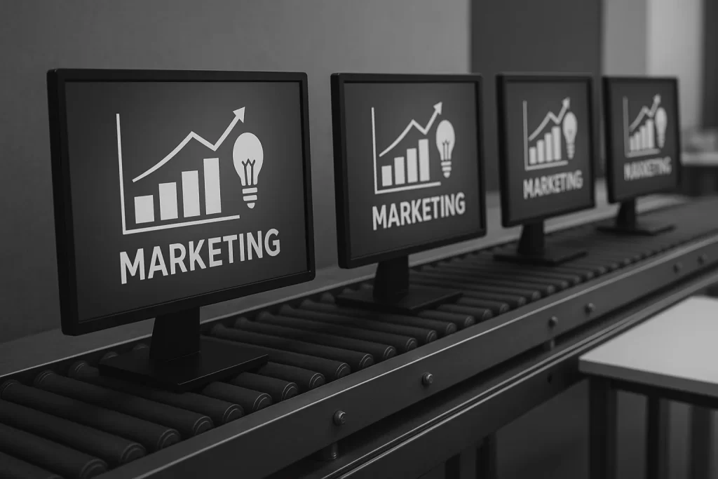 Monitores en serie mostrando diseños de marketing idénticos, representando el enfoque de producción en marketing digital en Puerto Montt.